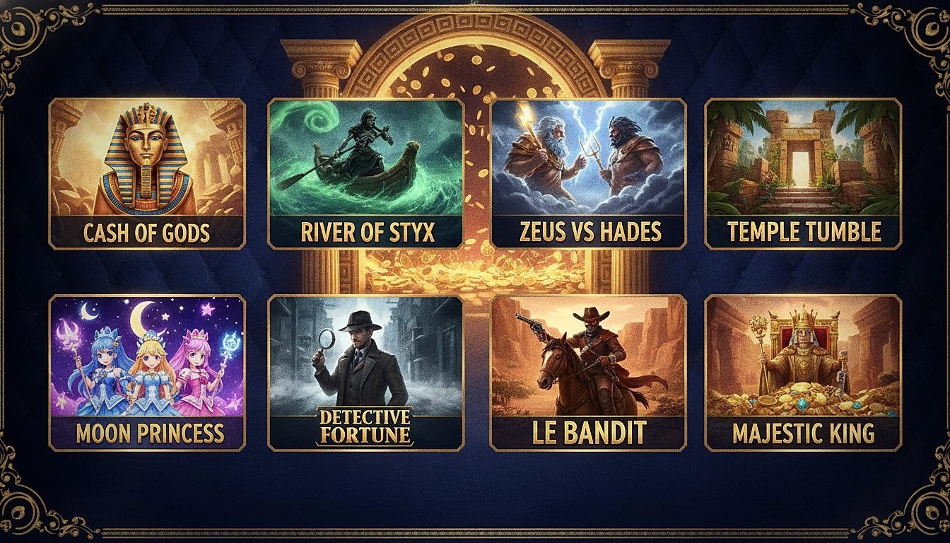 Catalogue de jeux Wonaco Casino : Cash of Gods, River of Styx, Zeus vs Hades, Temple Tumble, Moon Princess, Detective Fortune, Le Bandit, Majestic King