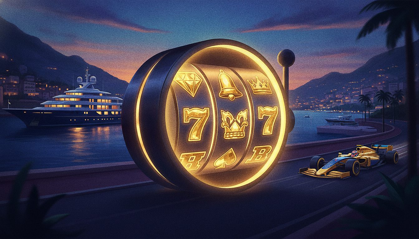 close-up of a lit slot machine reel with cherries and gold bars, neon glow